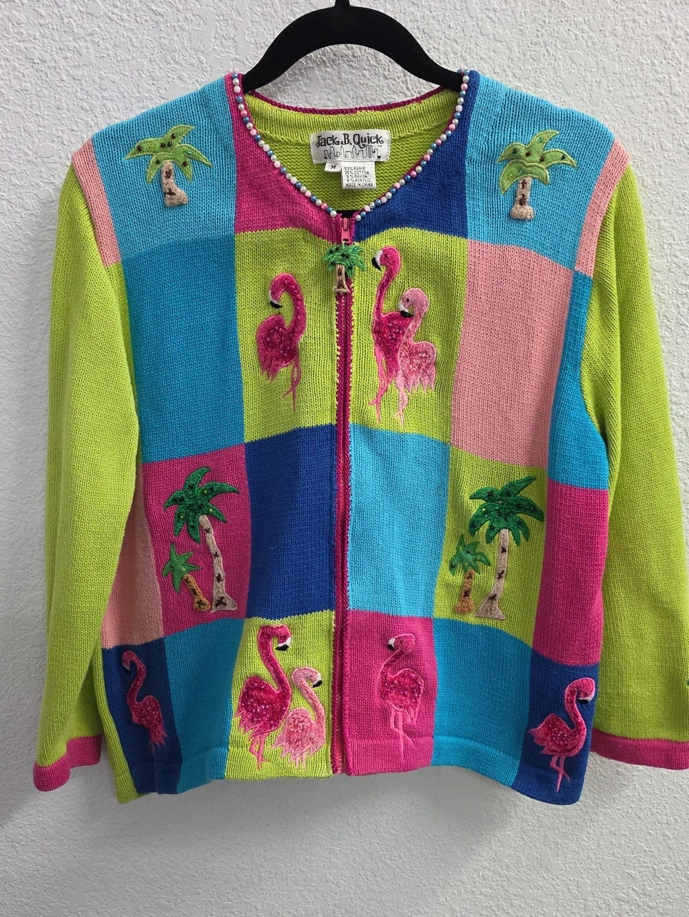 Jack B Quick Flamingo Palm Tree Beaded Zip Cardigan Sweat Tropical Size Medium